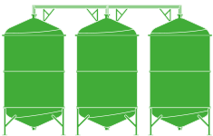 Illustration of 3 linked grain silos