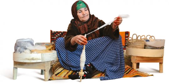 Woman spinning wool by hand